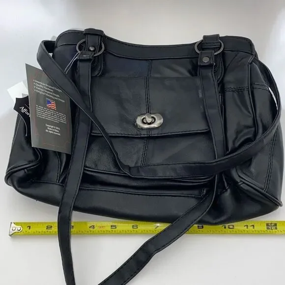 Embassy Women's Black Genuine Leather Top Zip Double Strap Shoulder Bag OS NWT